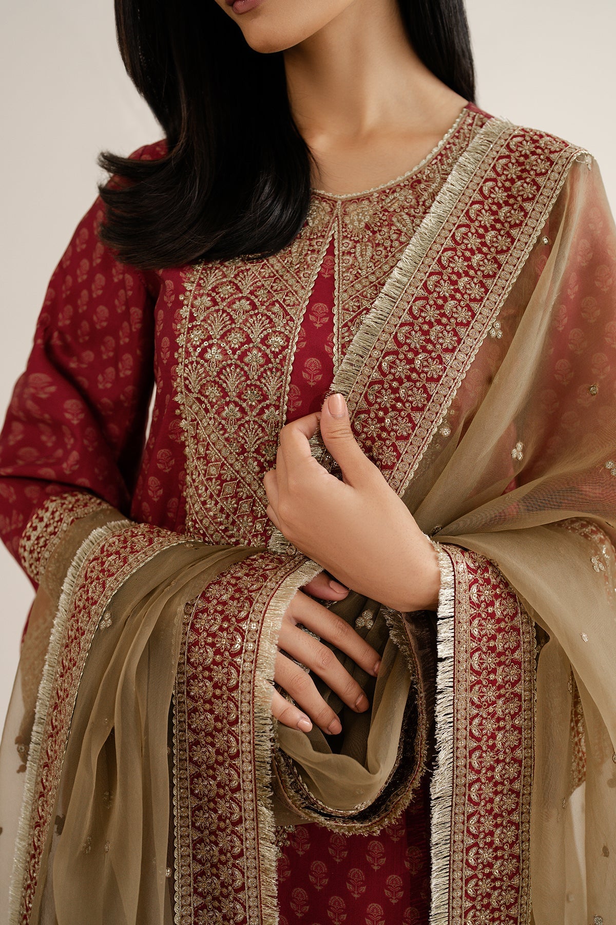 red silk embroidered dress