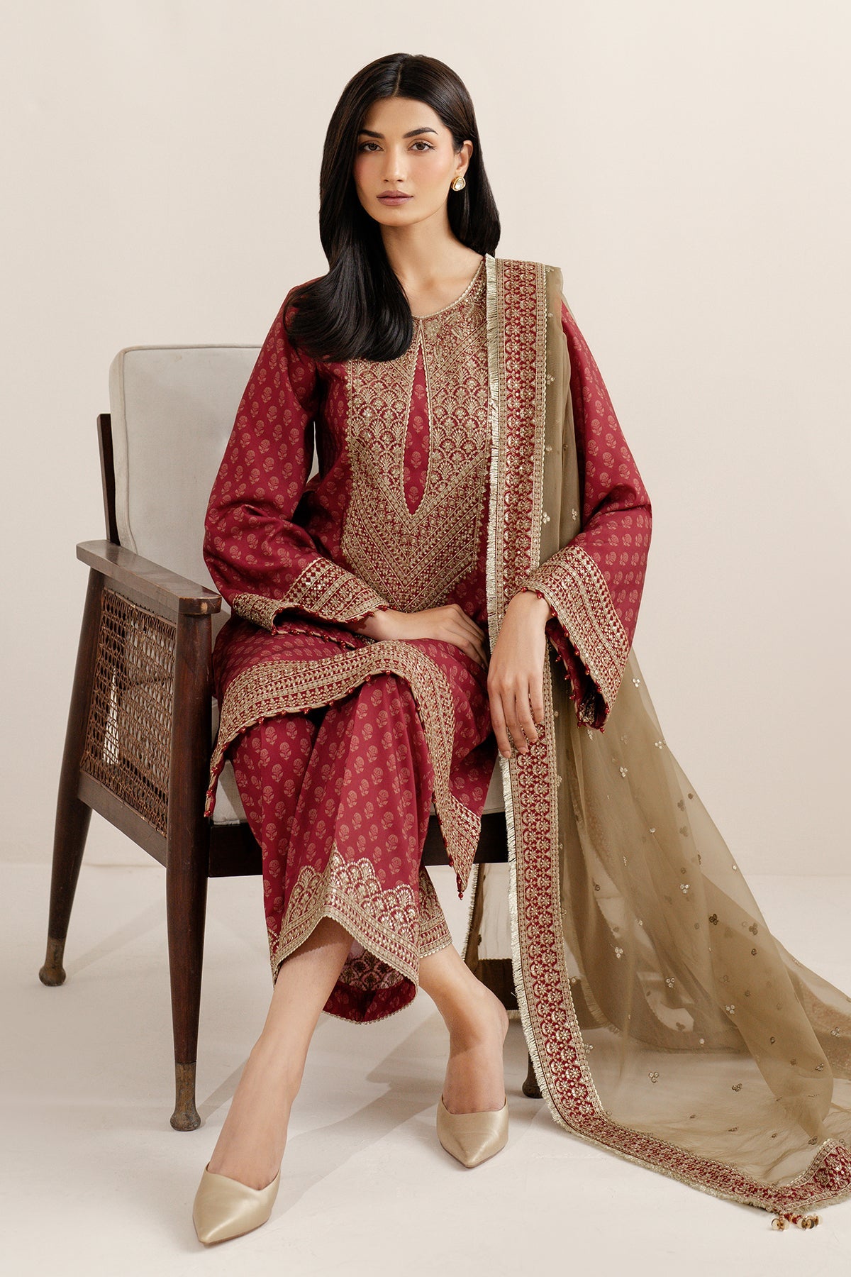 red embroidered chiffon