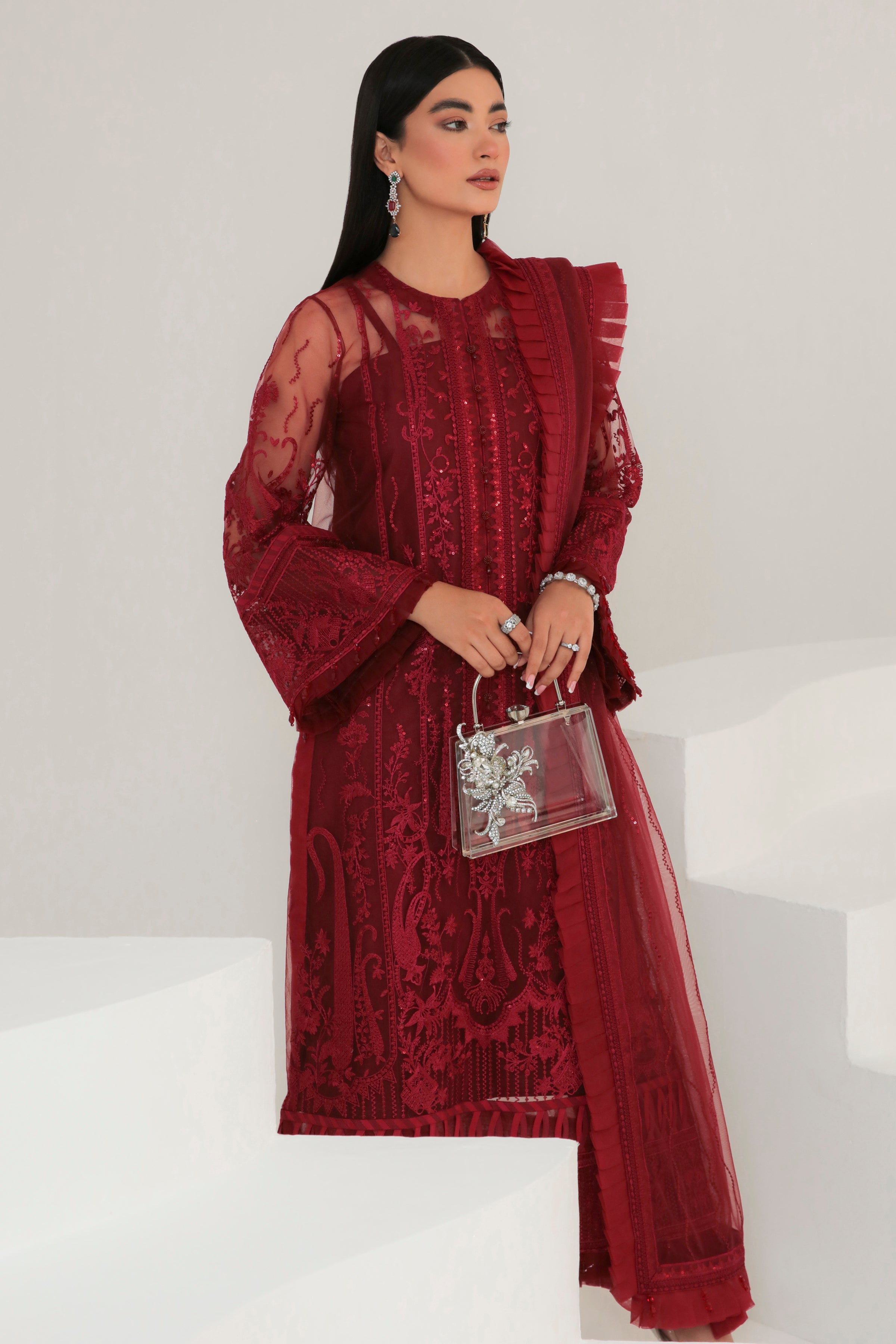 red embroidered dress pakistani
