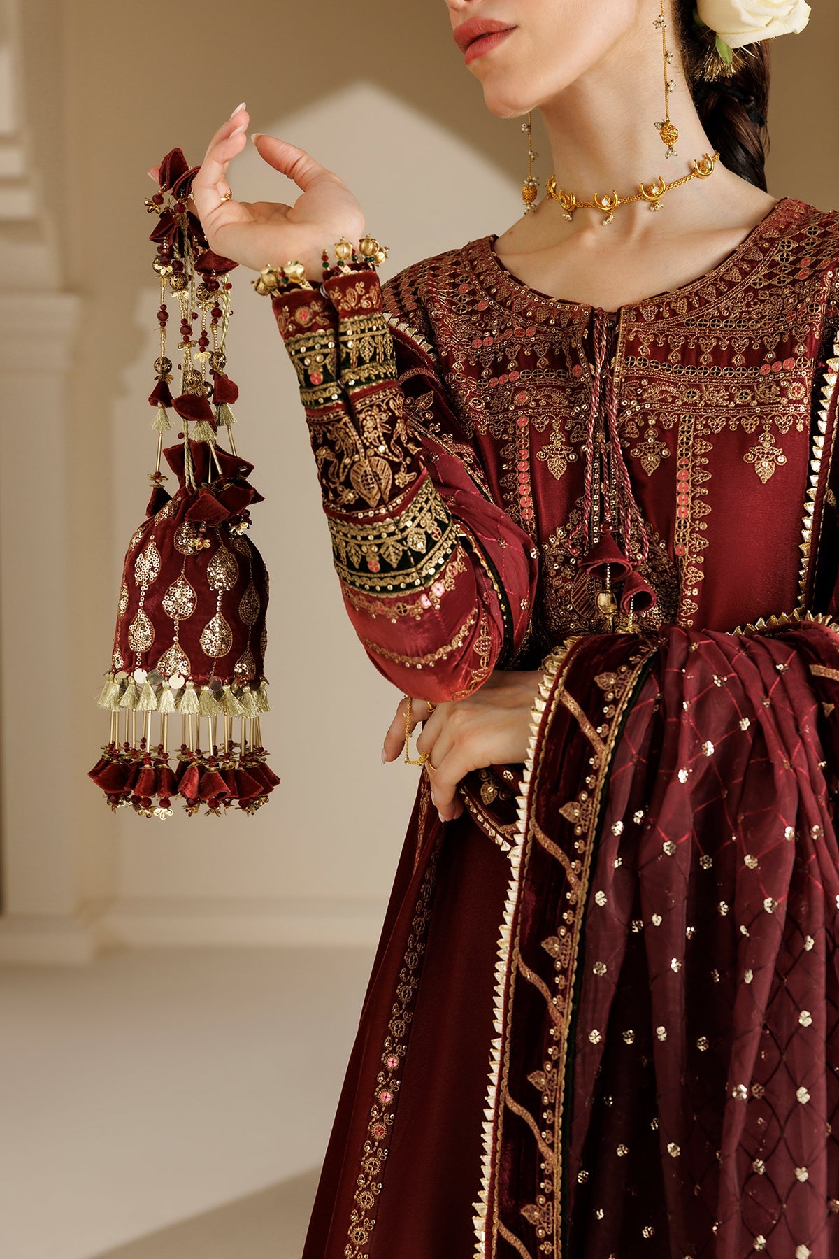 Embroidered Velvet Embellished Bag D-10